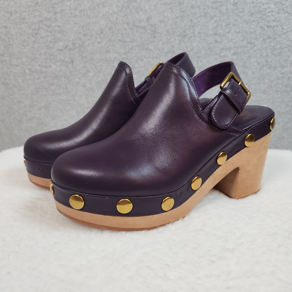 Charlotte Stone Hari Clogs Womens Size 9 Eggplant Purple Wooden Leather Sling